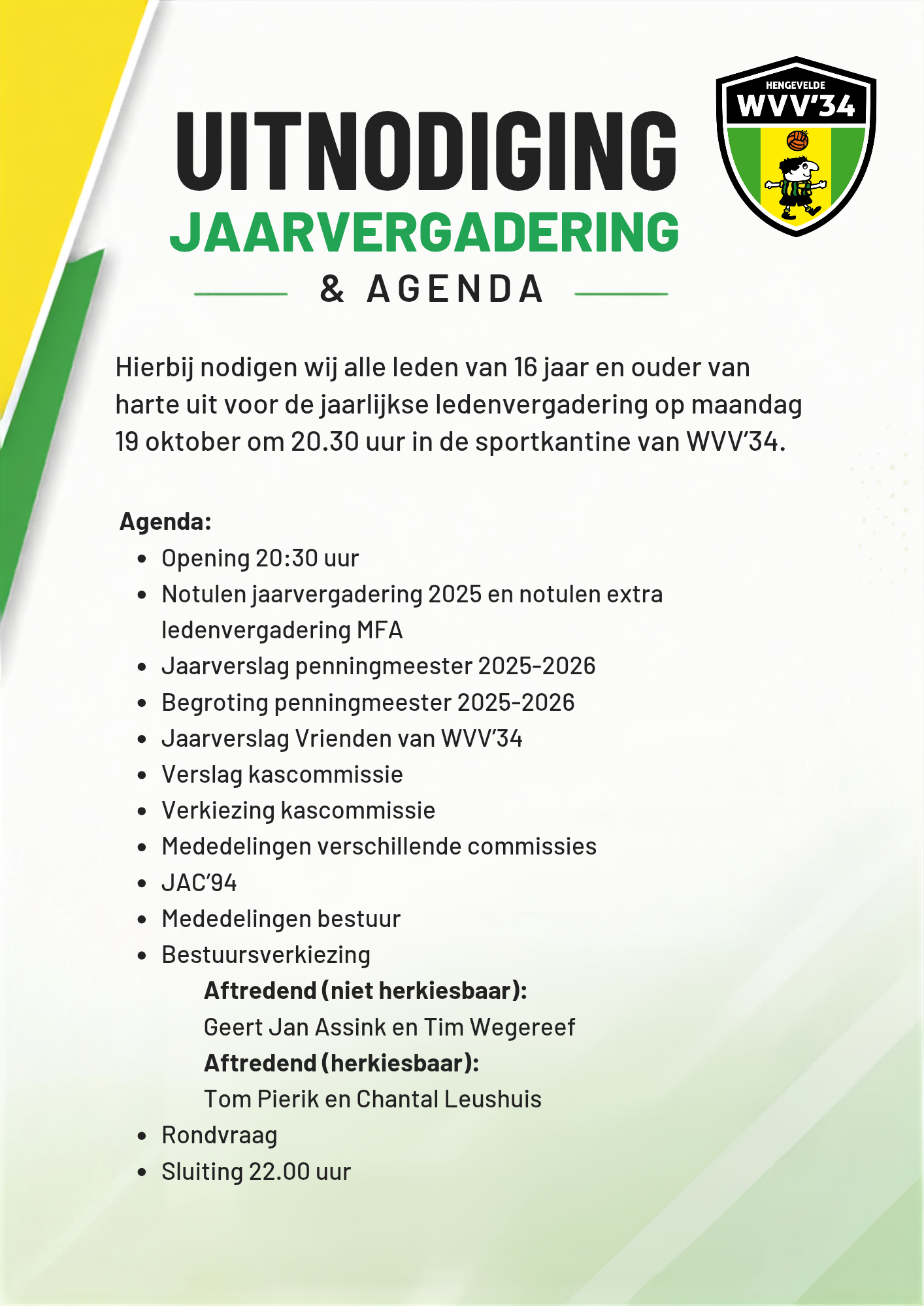 Maandag 19 oktober | Ledenvergadering WVV'34