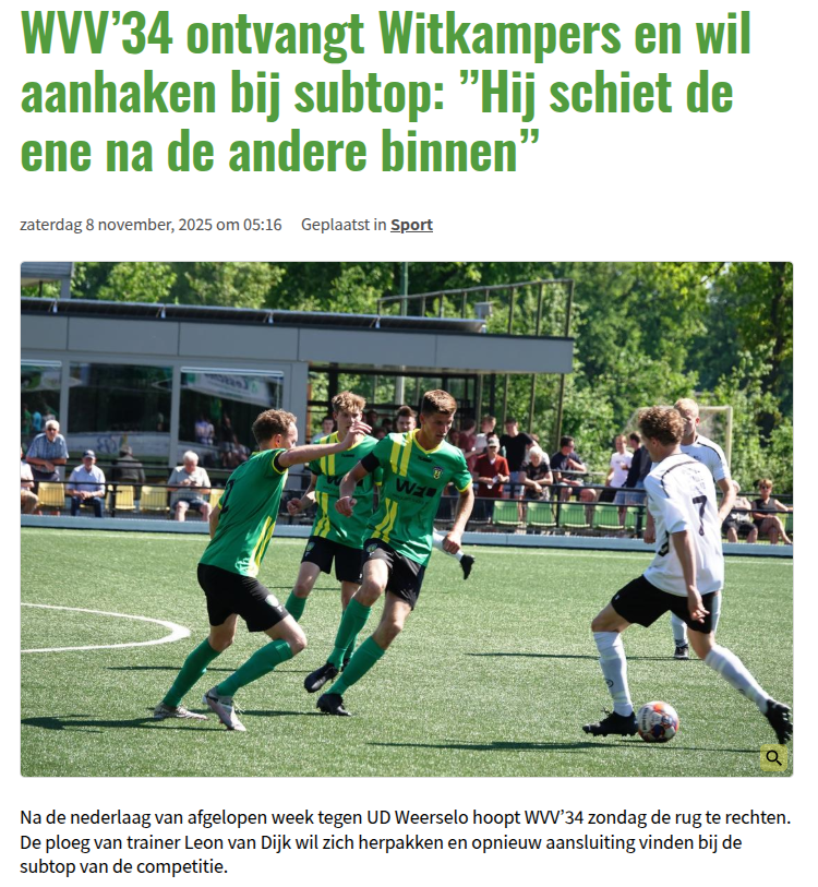 WVV’34 ontvangt Witkampers en wil aanhaken bij subtop: ”Hij schiet de ene na de andere binnen”