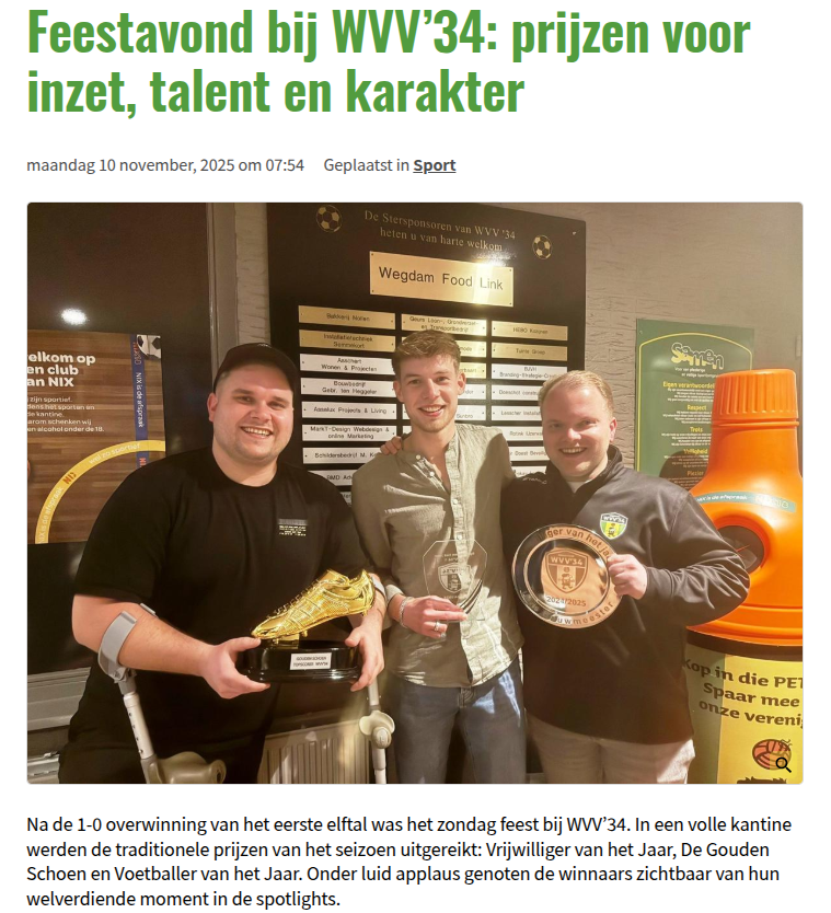 Feestavond bij WVV’34: prijzen voor inzet, talent en karakter