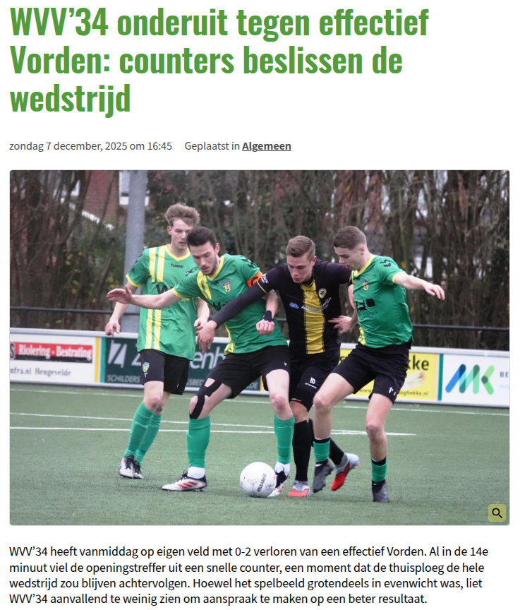 WVV’34 onderuit tegen effectief Vorden: counters beslissen de wedstrijd