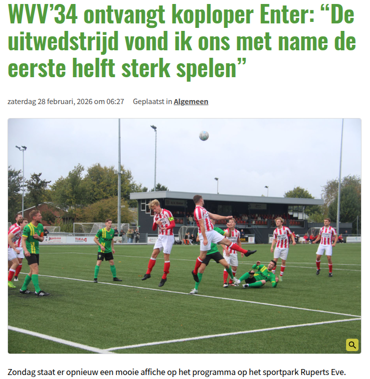 WVV’34 ontvangt koploper Enter: “De uitwedstrijd vond ik ons met name de eerste helft sterk spelen”