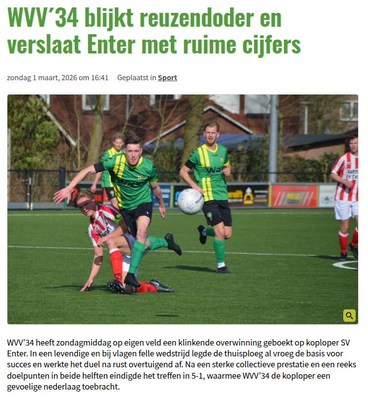 WVV´34 blijkt reuzendoder en verslaat Enter met ruime cijfers