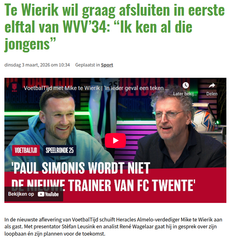 Te Wierik wil graag afsluiten in eerste elftal van WVV’34: “Ik ken al die jongens”