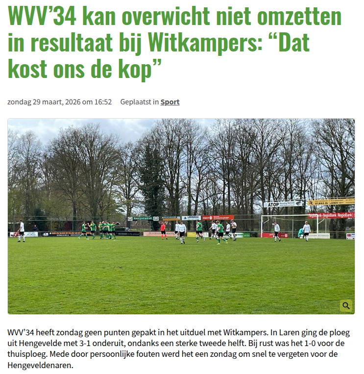 WVV’34 kan overwicht niet omzetten in resultaat bij Witkampers: “Dat kost ons de kop”