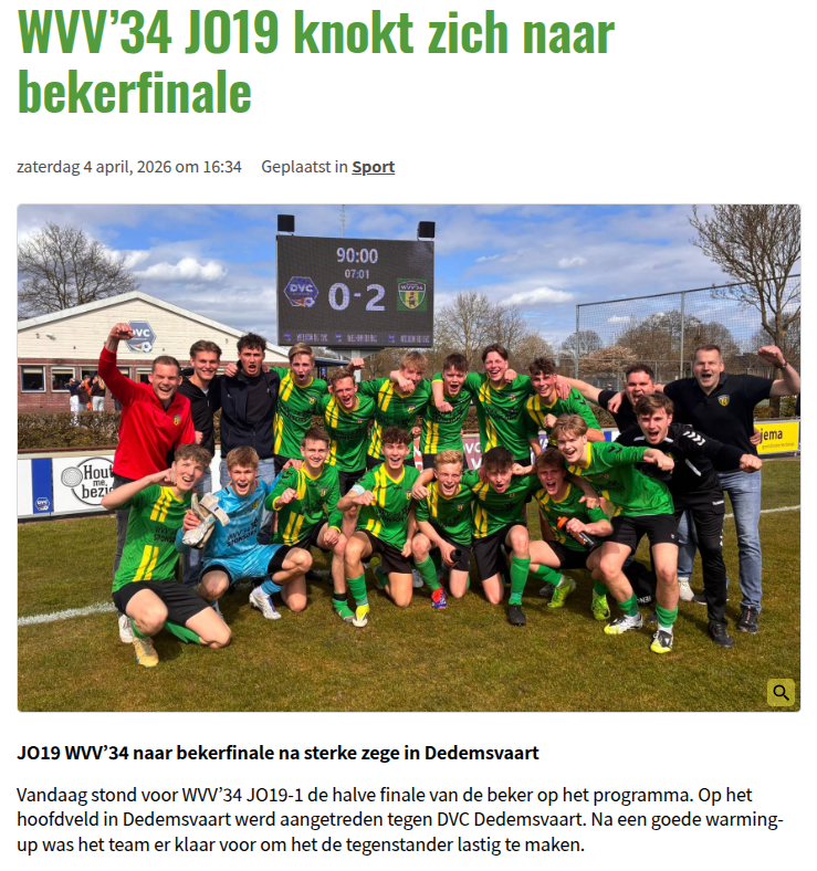 WVV’34 JO19 knokt zich naar bekerfinale