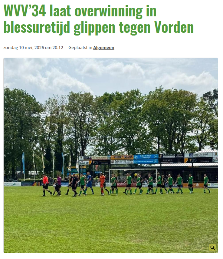 WVV’34 laat overwinning in blessuretijd glippen tegen Vorden