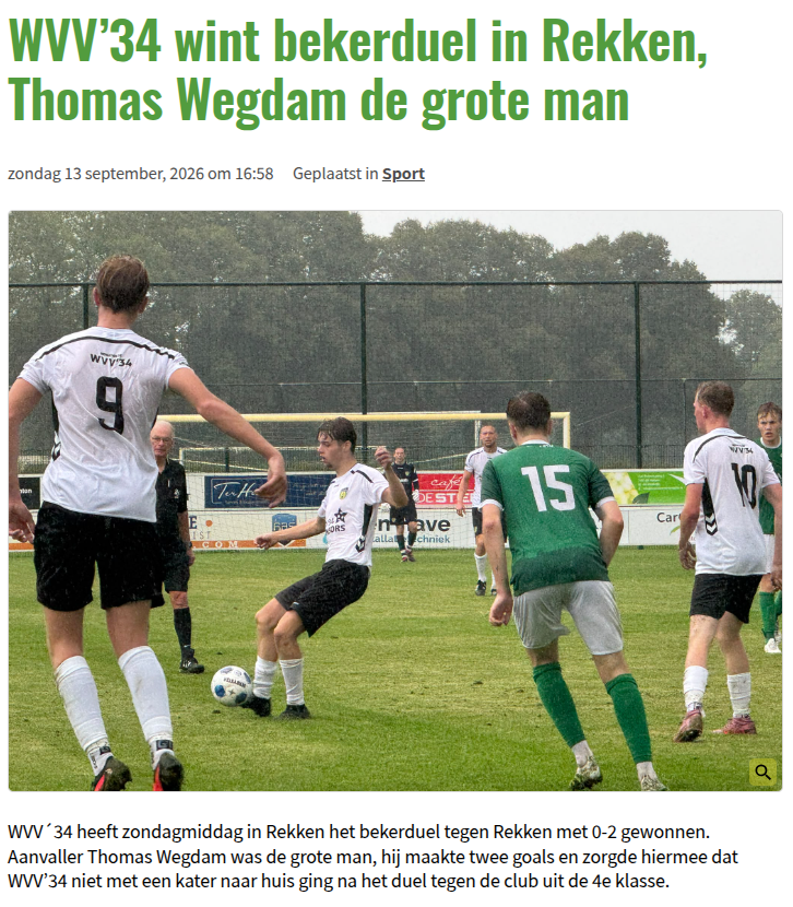 WVV’34 wint bekerduel in Rekken, Thomas Wegdam de grote man
