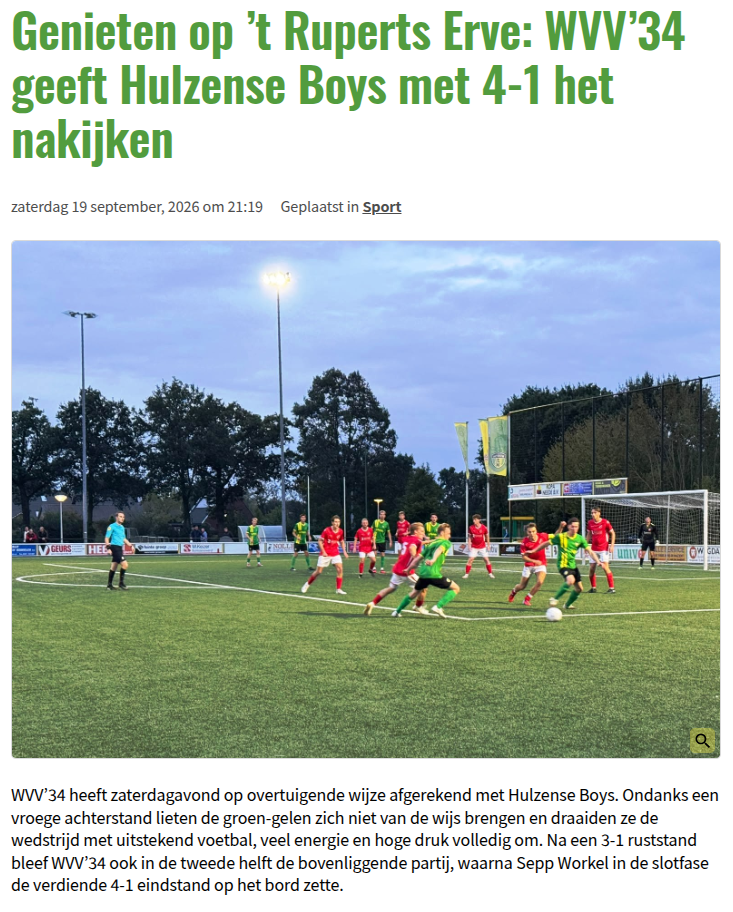 Genieten op ’t Ruperts Erve: WVV’34 geeft Hulzense Boys met 4-1 het nakijken