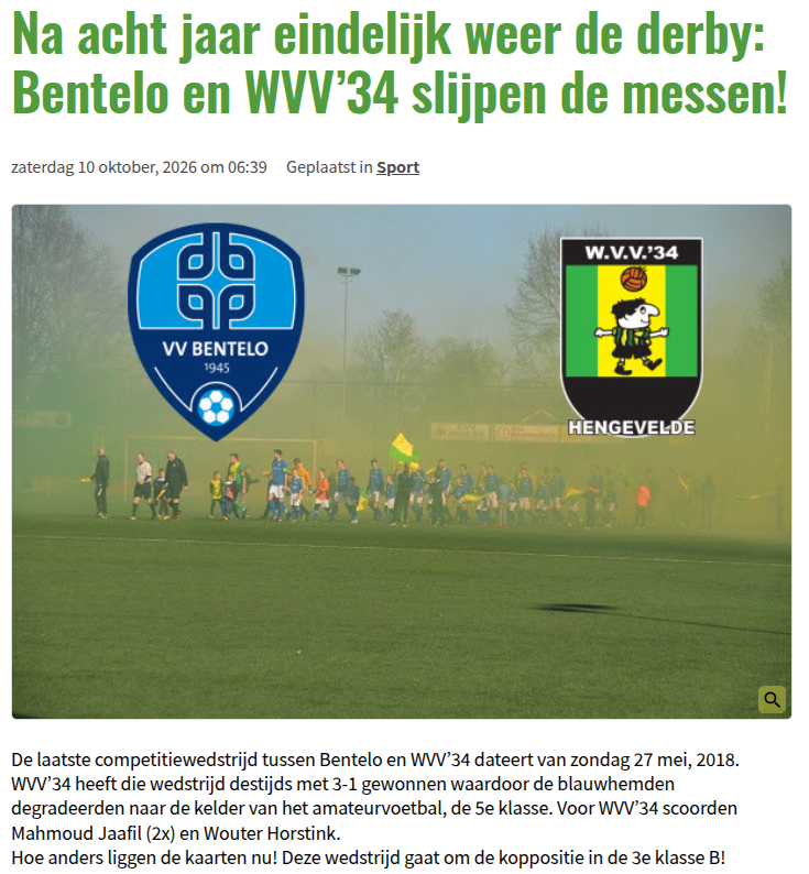 Na acht jaar eindelijk weer de derby: Bentelo en WVV’34 slijpen de messen!