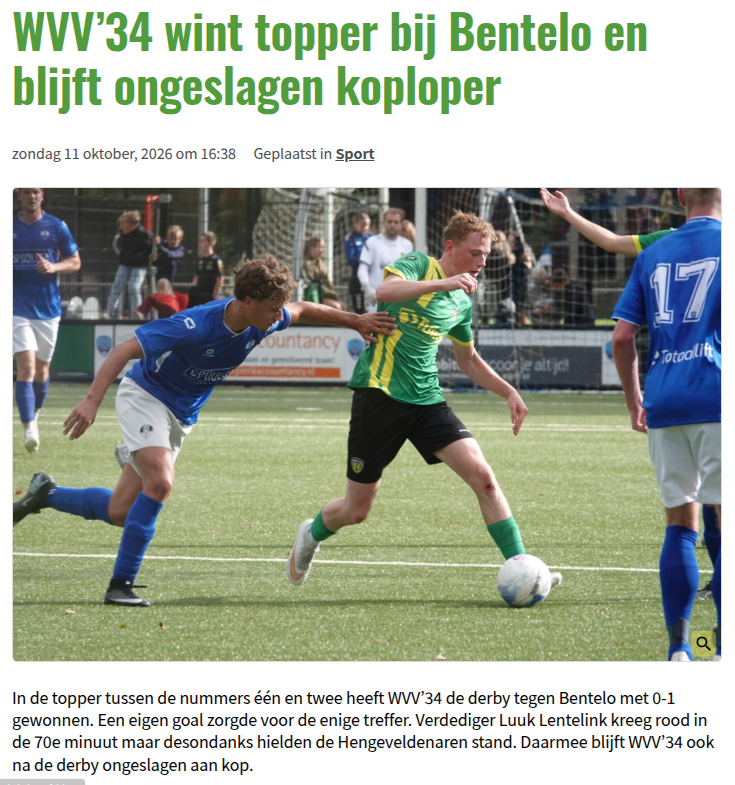 WVV’34 wint topper bij Bentelo en blijft ongeslagen koploper