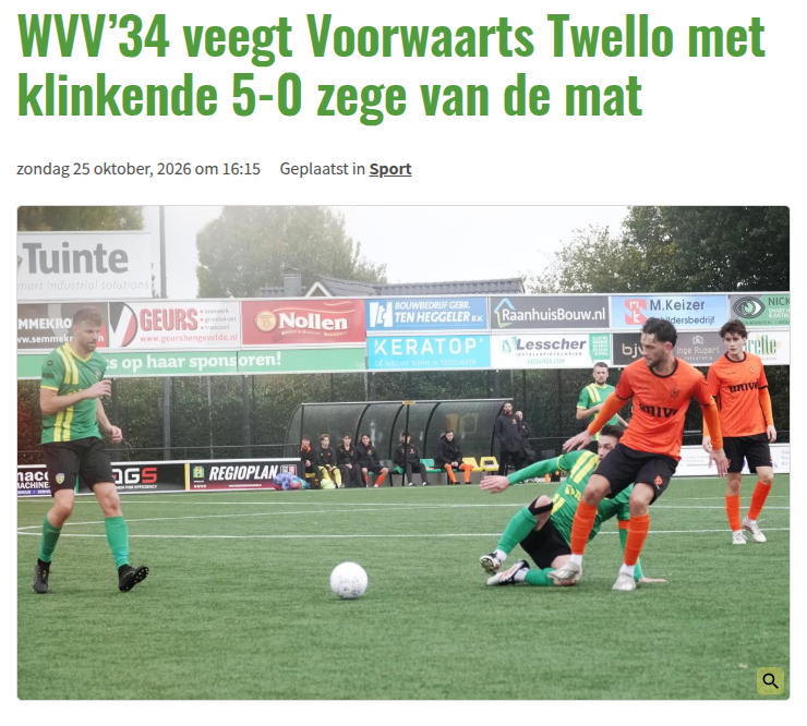 WVV’34 veegt Voorwaarts Twello met klinkende 5-0 zege van de mat