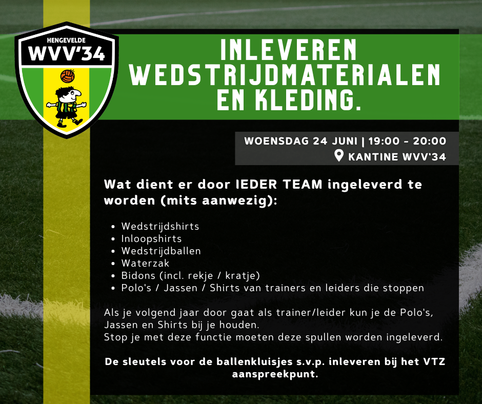 INLEVEREN WEDSTRIJDMATERIALEN EN KLEDING OP Woensdag 24 Juni A.S.