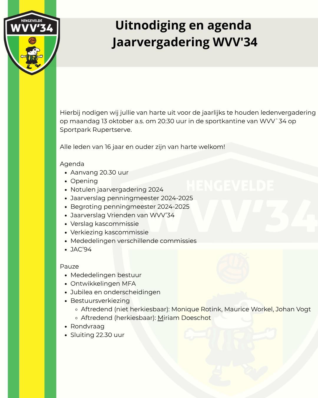 Uitnodiging en agenda jaarvergadering WVV'34