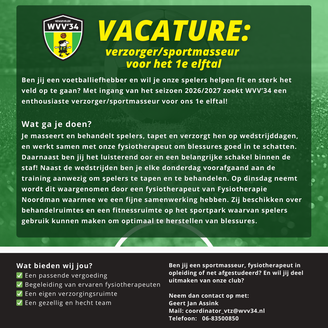 VACATURE: verzorger/sportmasseur voor het 1e elftal